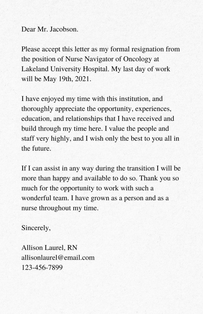 Glory Info About Resignation Letter Format For Nurses Ideal Resume 