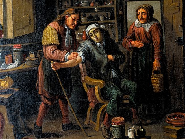 Oil painting by David Teniers, of a early surgeon letting blood from a patient's arm.