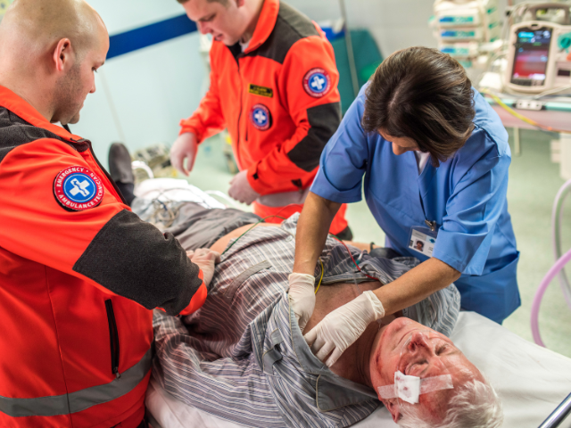 A nurse and two paramedics assess an injured man during mass casualty training.