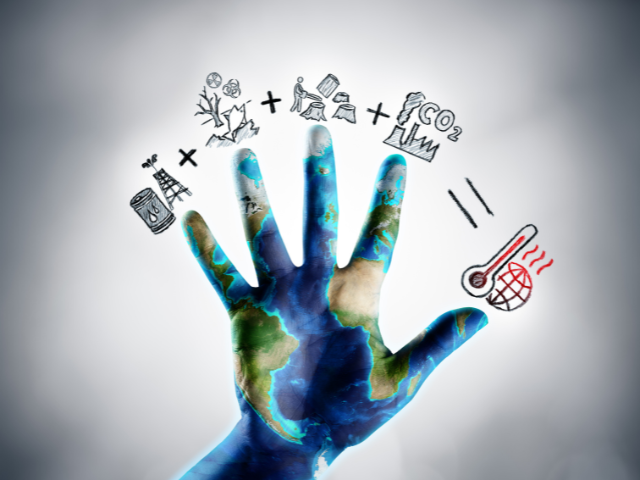 A hand with an image of the world super imposed on it and items representing climate change and infectious disease prevention hover above each finger.